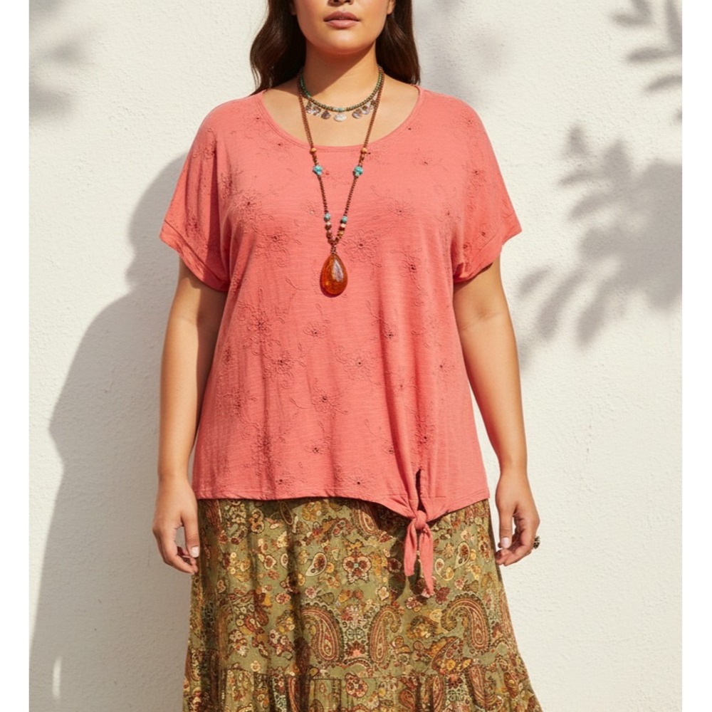 Sonoma Knit Top Tee Coral Pink Embroidered Eyelet SS Boho Cottage Casual Sz XXL